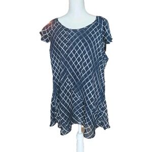 Roz & Ali Shirt Top Womens 2X Blue White Flutter Sleeve Layered Casual Career‎